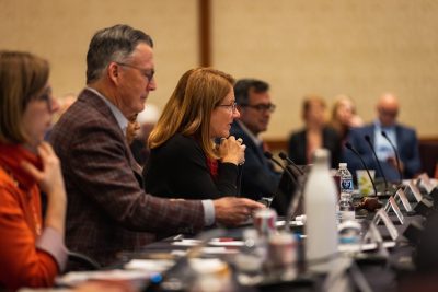 Letitia Long, rector of the Virginia Tech Board of Visitors, listens during a session held on Sunday. 